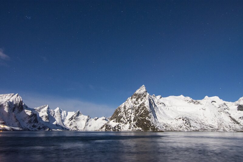 Snow-covered Mountains — Blue, Serene, Night, Photograph, Water, Stars