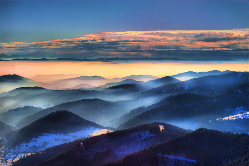 Snow-covered Mountains — Blue, Serene, Sunrise, Photograph, Fog