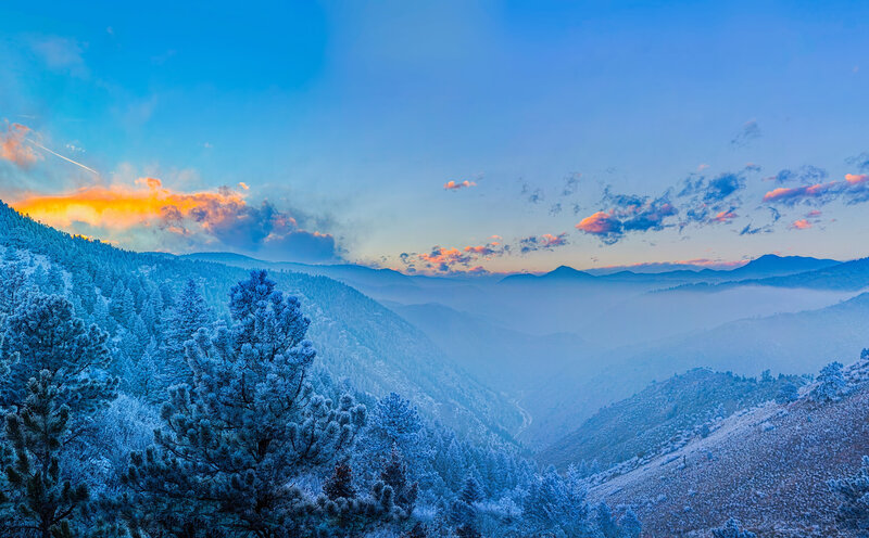 Snow-covered Mountains — Blue, Serene, Sunrise, Photograph, Trees, Clouds