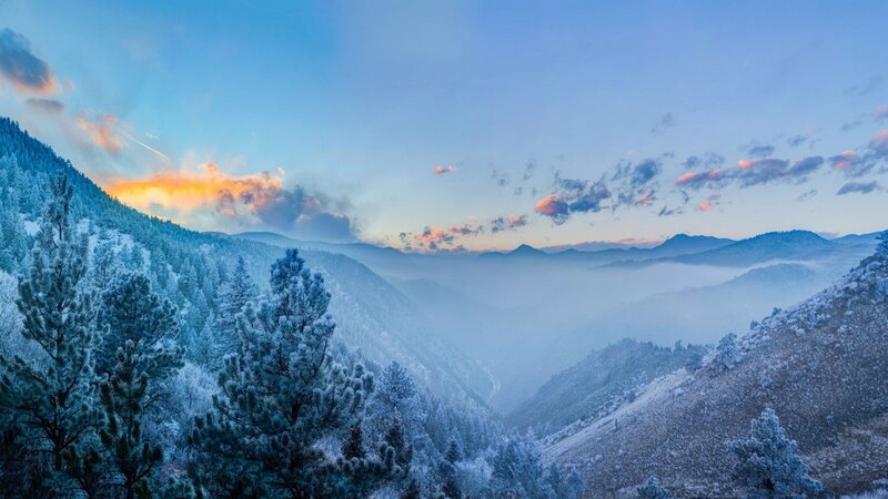 Snow-covered Mountains — Blue, Serene, Sunrise, Photograph, Trees, Fog, Clouds