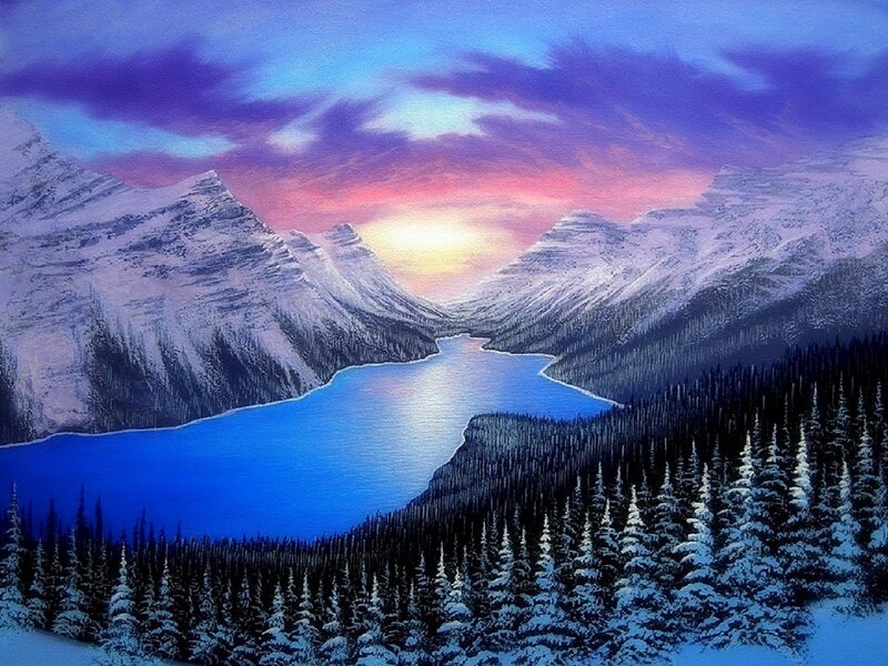 Snow-covered Mountains — Blue, Serene, Sunset, Painting