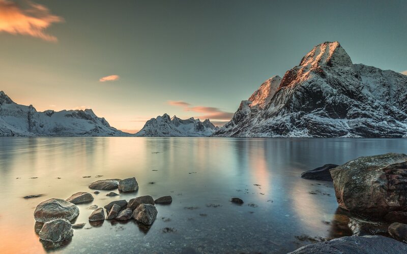 Snow-covered Mountains — Blue, Serene, Sunset, Photograph, Lake, Rocks