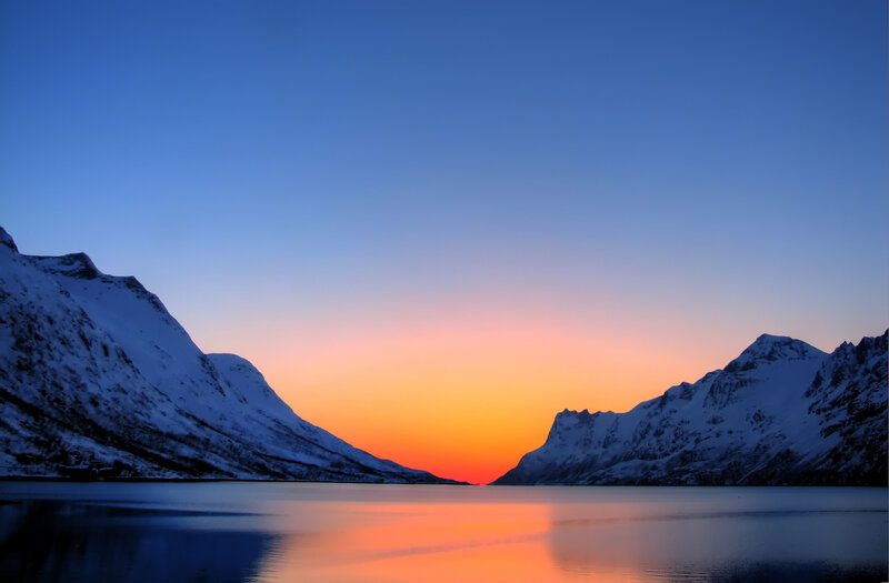 Snow-covered Mountains — Blue, Serene, Sunset, Photograph, Lake, Sky, Orange