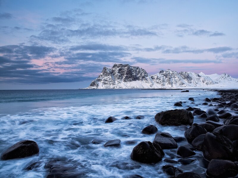 Snow-covered Mountains — Blue, Serene, Sunset, Photograph, Ocean