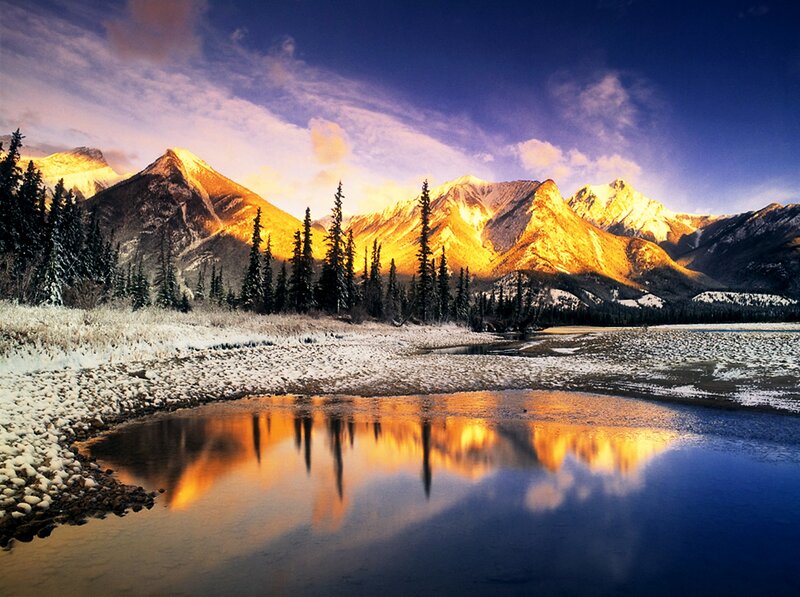 Snow-covered Mountains — Blue, Serene, Sunset, Photograph, Trees