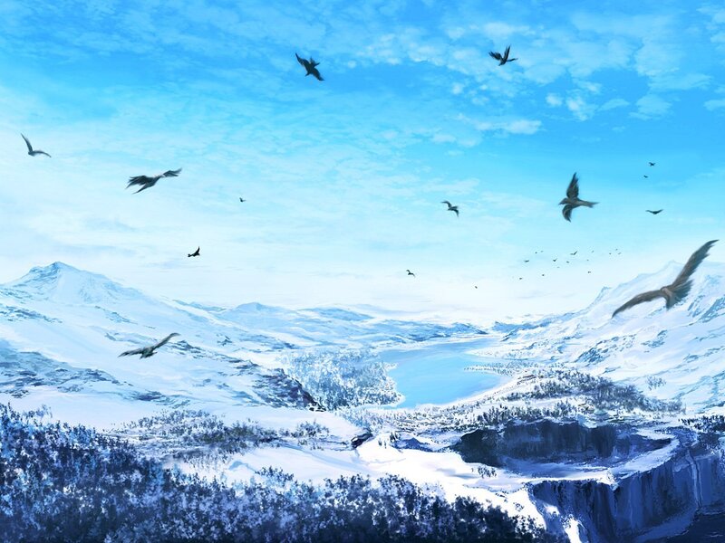Snow-covered Mountains — Blue, Serene, Winter, Digital Art, Birds