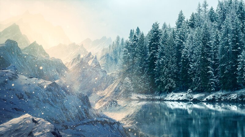Snow-covered Mountains — Blue, Serene, Winter, Digital Art, Forest