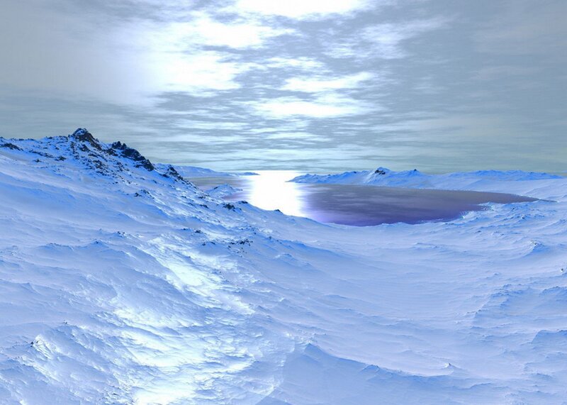 Snow-covered Mountains — Blue, Serene, Winter, Digital Art, Lake