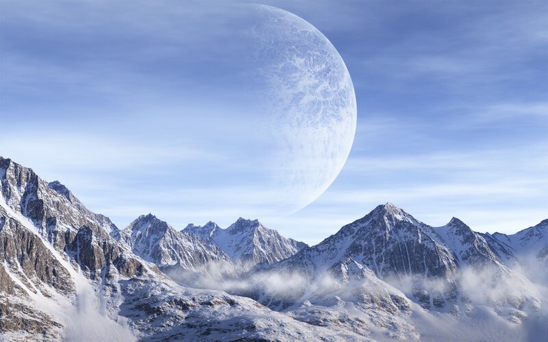 Snow-covered Mountains — Blue, Serene, Winter, Digital Art, Moon