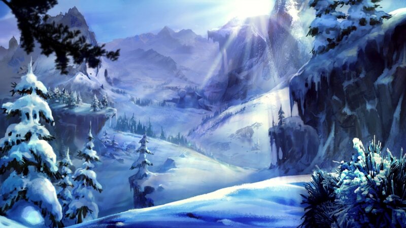 Snow-covered Mountains — Blue, Serene, Winter, Digital Art, Pine Trees, Sunlight