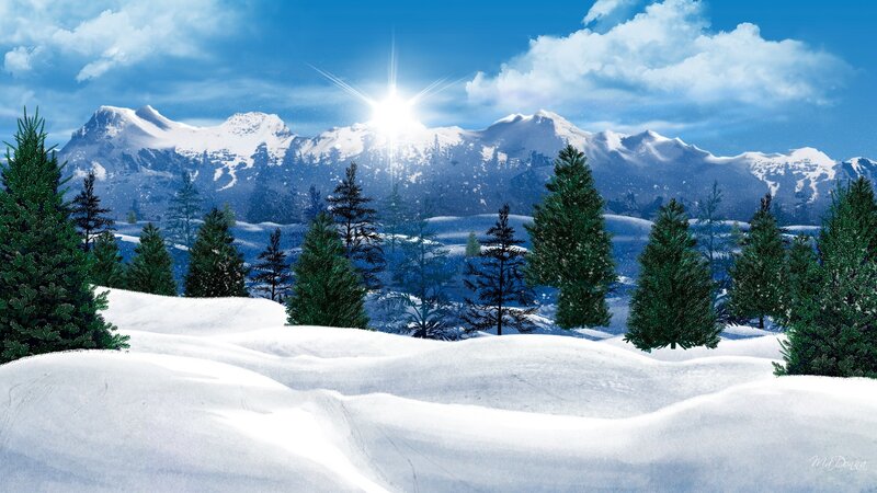 Snow-covered Mountains — Blue, Serene, Winter, Digital Art, Pine Trees