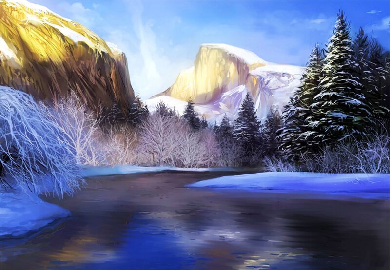 Snow-covered Mountains — Blue, Serene, Winter, Digital Art, River