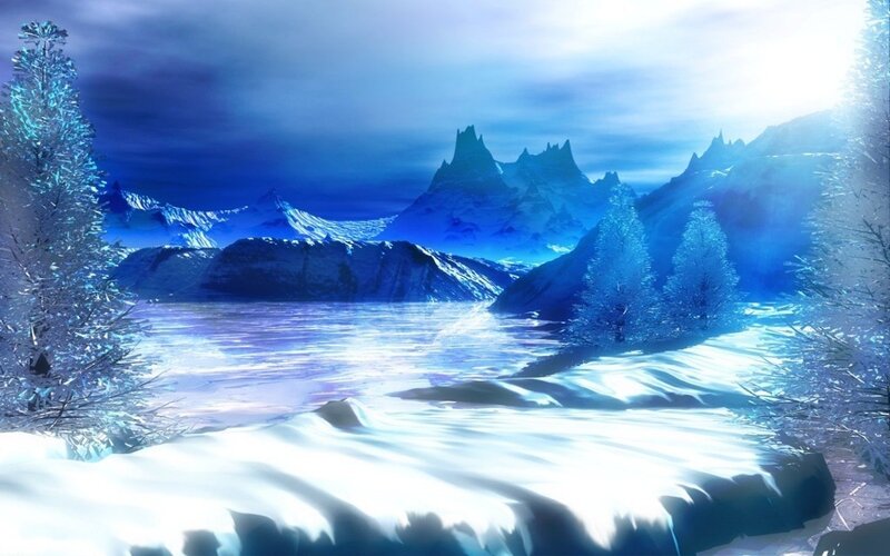 Snow-covered Mountains — Blue, Serene, Winter, Digital Art, Trees