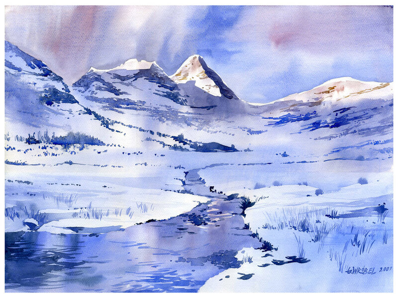 Snow-covered Mountains — Blue, Serene, Winter, Painting, River
