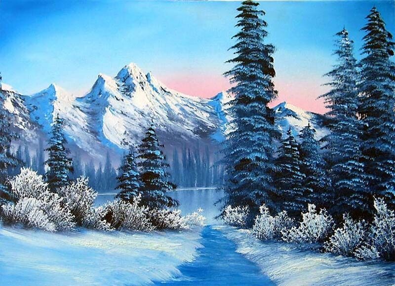 Snow-covered Mountains — Blue, Serene, Winter, Painting, Trees