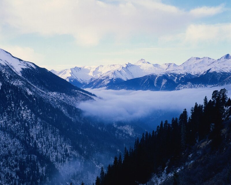 Snow-covered Mountains — Blue, Serene, Winter, Photograph, Clouds, Forests, Valley