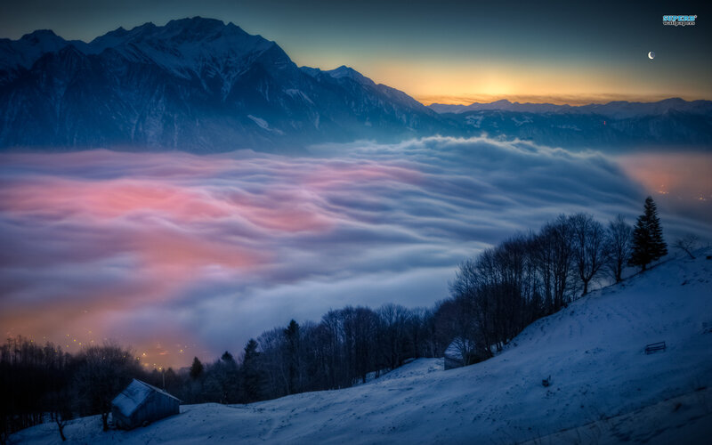 Snow-covered Mountains — Blue, Serene, Winter, Photograph, Clouds, Moon