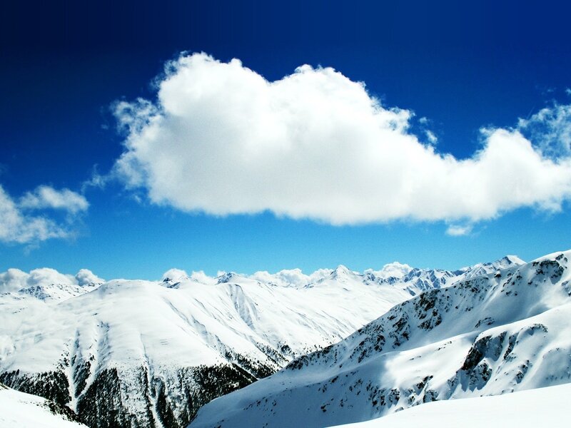 Snow-covered Mountains — Blue, Serene, Winter, Photograph, Clouds, Sky, Trees