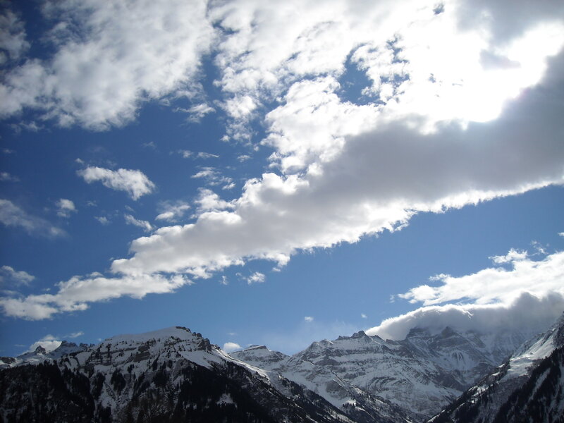 Snow-covered Mountains — Blue, Serene, Winter, Photograph, Clouds, Sky, Trees, White, Gray