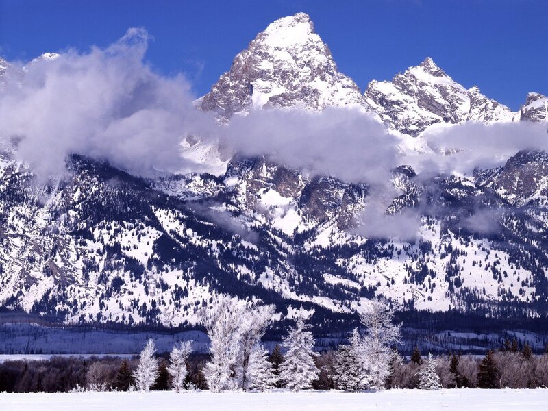 Snow-covered Mountains — Blue, Serene, Winter, Photograph, Clouds, Trees, Valley