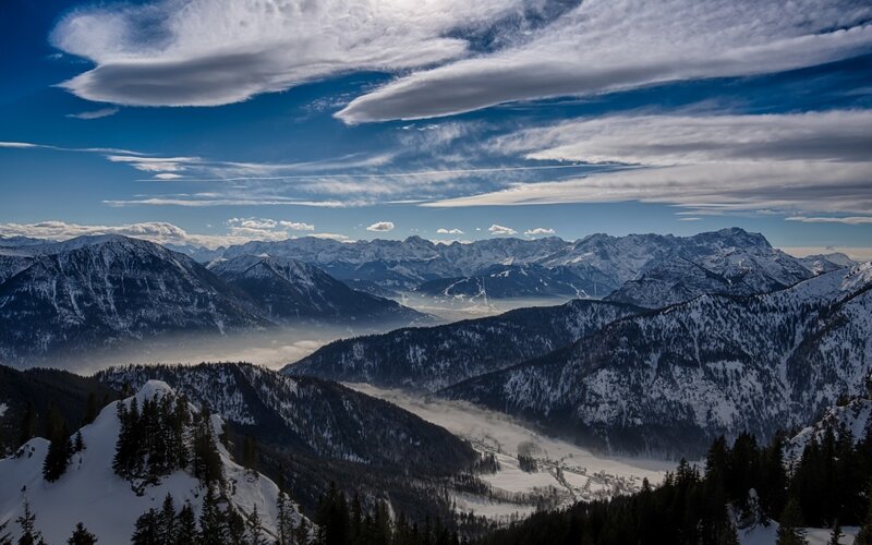 Snow-covered Mountains — Blue, Serene, Winter, Photograph, Clouds, Valley