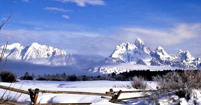 Snow-covered Mountains — Blue, Serene, Winter, Photograph, Fence