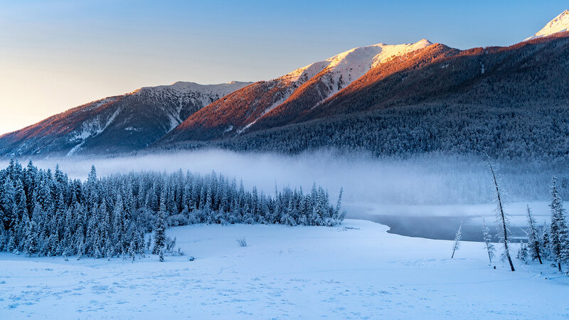 Snow-covered Mountains — Blue, Serene, Winter, Photograph, Fog, Forest