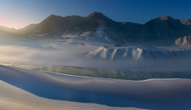 Snow-covered Mountains — Blue, Serene, Winter, Photograph, Fog, Snow