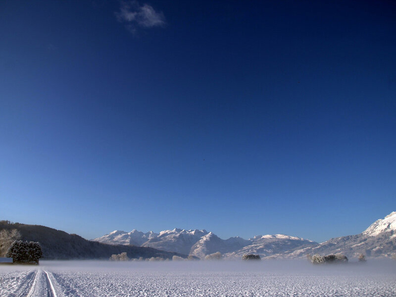 Snow-covered Mountains — Blue, Serene, Winter, Photograph, Fog