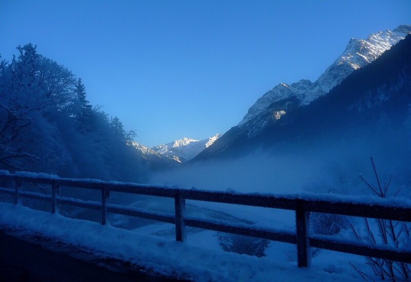 Snow-covered Mountains — Blue, Serene, Winter, Photograph, Fog, Trees, Bridge