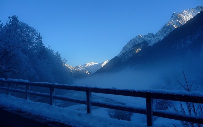 Snow-covered Mountains — Blue, Serene, Winter, Photograph, Fog, Trees, Rail
