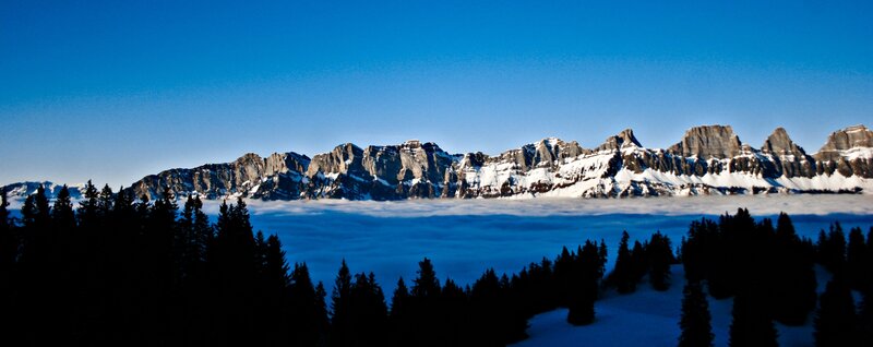 Snow-covered Mountains — Blue, Serene, Winter, Photograph, Forest, Clouds