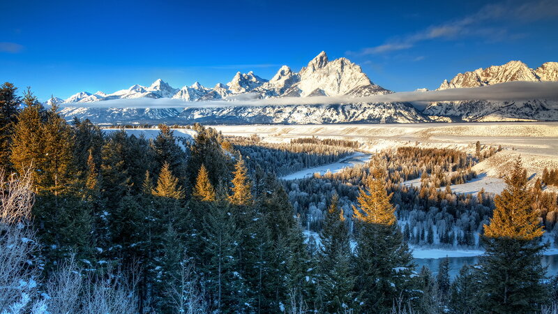 Snow-covered Mountains — Blue, Serene, Winter, Photograph, Forest, River, Clouds