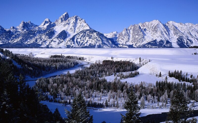 Snow-covered Mountains — Blue, Serene, Winter, Photograph, Forest, River, Sky, White, Green