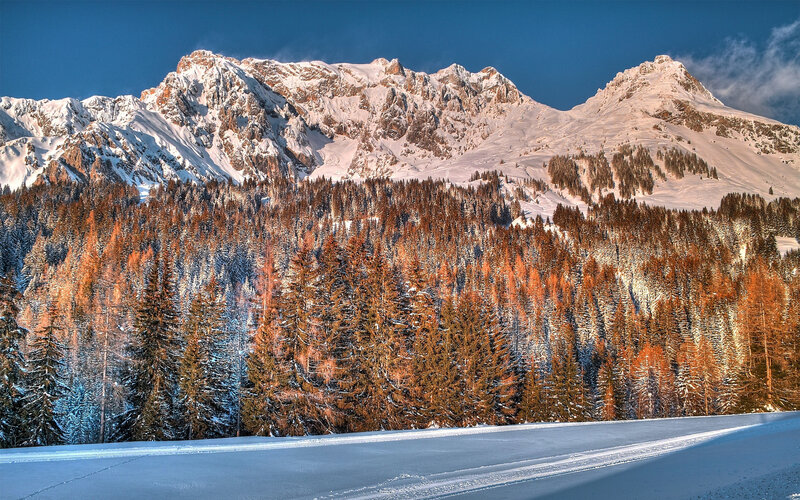 Snow-covered Mountains — Blue, Serene, Winter, Photograph, Forest, Trees, Sky