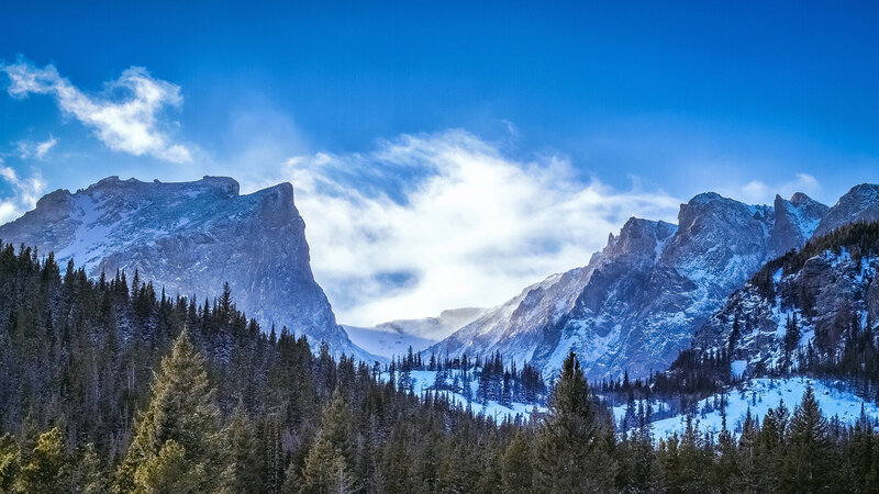 Snow-covered Mountains — Blue, Serene, Winter, Photograph, Forests, Clouds, Sky