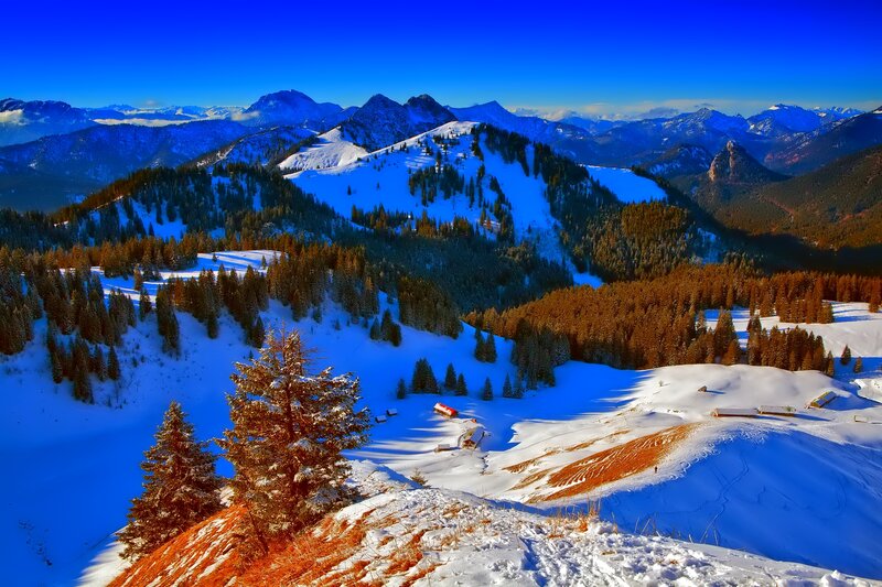 Snow-covered Mountains — Blue, Serene, Winter, Photograph, Forests, Huts