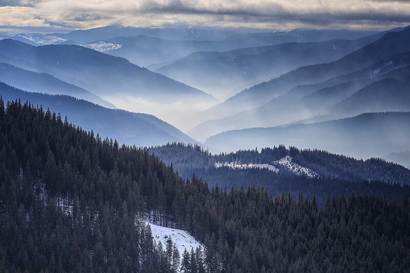 Snow-covered Mountains — Blue, Serene, Winter, Photograph, Forests, Valleys, Clouds
