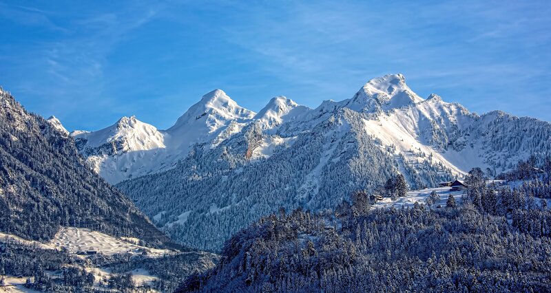 Snow-covered Mountains — Blue, Serene, Winter, Photograph, Forests, Village