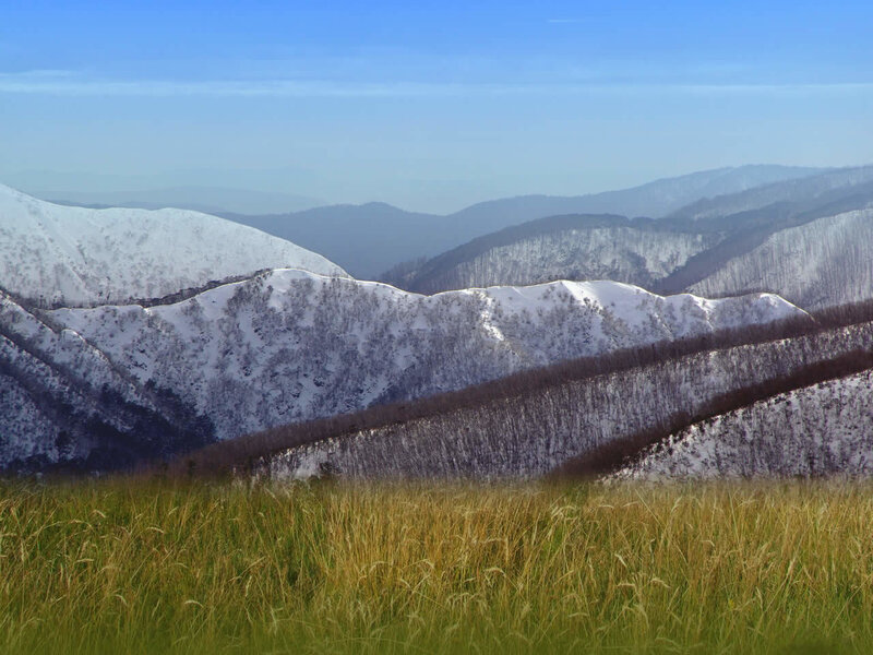 Snow-covered Mountains — Blue, Serene, Winter, Photograph, Grass