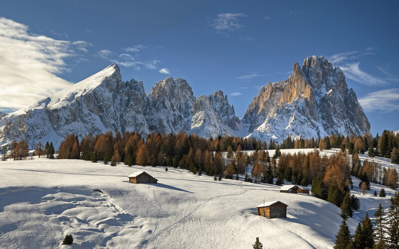 Snow-covered Mountains — Blue, Serene, Winter, Photograph, Huts