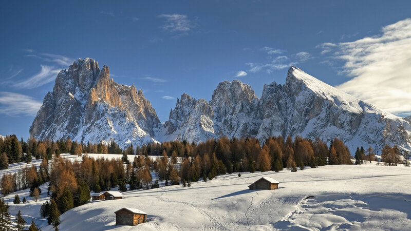 Snow-covered Mountains — Blue, Serene, Winter, Photograph, Huts, Trees