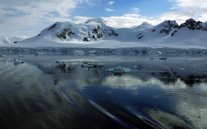 Snow-covered Mountains — Blue, Serene, Winter, Photograph, Icebergs, Water, Sky