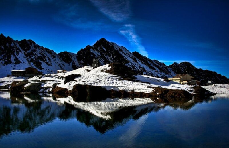 Snow-covered Mountains — Blue, Serene, Winter, Photograph, Lake, Buildings