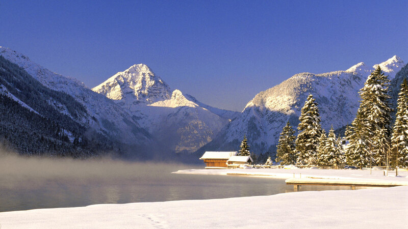 Snow-covered Mountains — Blue, Serene, Winter, Photograph, Lake, Cabin