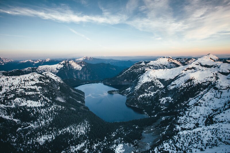 Snow-covered Mountains — Blue, Serene, Winter, Photograph, Lake, Forest, Sky