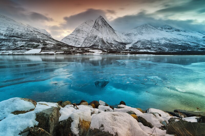 Snow-covered Mountains — Blue, Serene, Winter, Photograph, Lake, Ice, Rocks