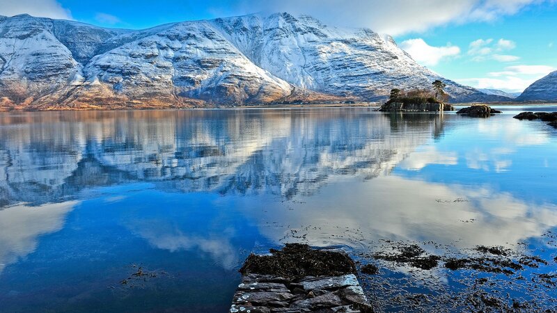 Snow-covered Mountains — Blue, Serene, Winter, Photograph, Lake, Island, Clouds