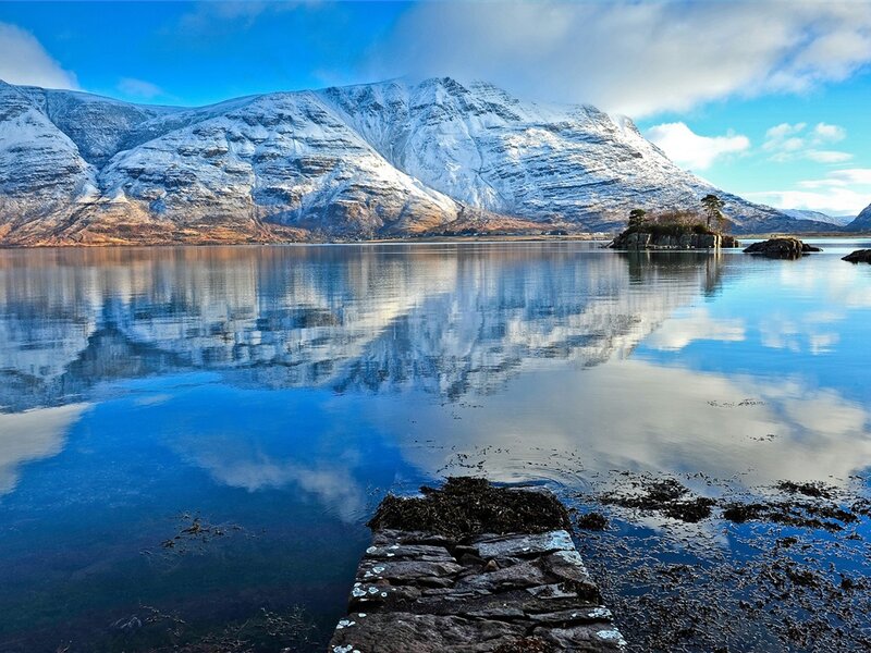 Snow-covered Mountains — Blue, Serene, Winter, Photograph, Lake, Island