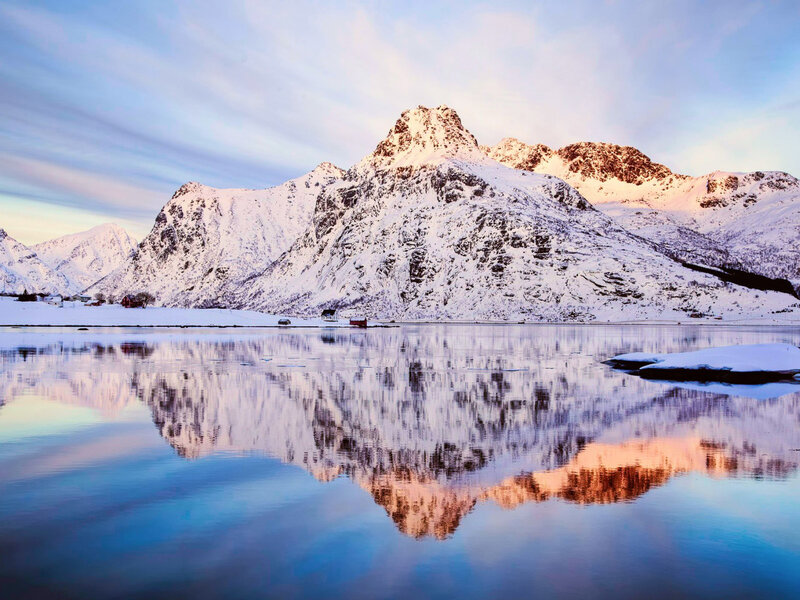 Snow-covered Mountains — Blue, Serene, Winter, Photograph, Lake, Reflection, Sky, Huts